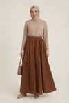 Beli Lastikli Astarlı Uzun Gofre Etek -Taba-Etek-440-3026-R12