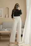 Beli Lastikli Bağcık Detaylı Cepli Bol Paça Tensel Pantolon -Taş-Pantolon-307-2382-R43