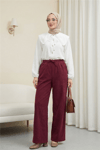 Beli Lastikli Bağcık Detaylı Cepli Bol Paça Tensel Pantolon -Bordo-Pantolon-307-2382-R04