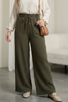 Beli Lastikli Bağcıklı Bol Paça Müslin Pantolon  -Haki-Pantolon-430-4010-R05