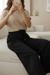 Beli Lastikli Bağcıklı Bol Paça Salaş Pantolon  -Siyah-Pantolon-338-20646-R01