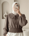 Beli Lastikli Bebe Yaka Uzun Kol Bluz  -Kahve-Bluz-349-3032-R15