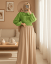 Beli Lastikli Bebe Yaka Uzun Kol Bluz  -Yeşil-Bluz-349-3032-R35