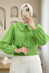 Beli Lastikli Bebe Yaka Uzun Kol Bluz  -Yeşil-Bluz-349-3032-R35
