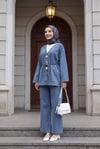 Beli Lastikli Bol Paça Pantolonlu Bağcıklı Kot Kimono Takım -Buz Mavi