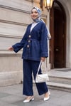 Beli Lastikli Bol Paça Pantolonlu Bağcıklı Kot Kimono Takım -Koyu Mavi