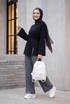Beli Lastikli Cepli Bol Paça Kot Pantolon          -Koyu Gri