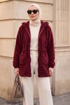 Beli Lastikli Kapşonlu Fermuarlı Peluş Mont    -Bordo