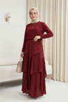 Beli Lastikli Keten Vual Katlı Etek -Bordo-Etek-207-4254-R04