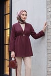 Beli Lastikli Kolu Katlamalı Tek Düğmeli Krep Kimono -Mürdüm