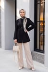 Beli Lastikli Kolu Katlamalı Tek Düğmeli Krep Kimono -Siyah