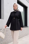 Beli Lastikli Kolu Katlamalı Tek Düğmeli Krep Kimono -Siyah