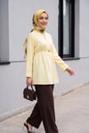 Beli Lastikli Kolu Katlamalı Tek Düğmeli Krep Kimono -Sarı
