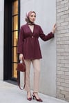 Beli Lastikli Kolu Katlamalı Tek Düğmeli Krep Kimono -Mürdüm