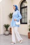 Beli Lastikli Kolu Katlamalı Tek Düğmeli Krep Kimono -Bebe Mavi
