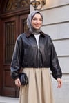 Beli ve Kolu Lastikli Cift Cepli Astarlı Deri Crop Ceket -Siyah