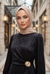 Beli Yandan Bağcıklı Tokalı Desenli Uzun Abiye -Siyah
