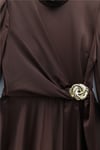 Beli Yandan Bağcıklı Tokalı Saten Abiye -Kahve-Abiye-316-4896-R15