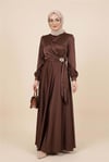 Beli Yandan Bağcıklı Tokalı Saten Abiye -Kahve-Abiye-316-4896-R15