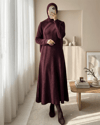 Bisiklet Yaka Beli Oturtmalı Yumoş Triko Elbise  -Mürdüm-Elbise-109-0959-R09