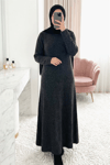 Bisiklet Yaka Beli Oturtmalı Yumoş Triko Elbise   -Siyah-Elbise-109-0959-R01
