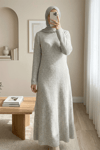 Bisiklet Yaka Beli Oturtmalı Yumoş Triko Elbise -Bej-Elbise-109-0959-R56