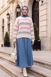 Bisiklet Yaka Çizgili Kalın Örgü Triko Kazak -Pembe