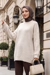 Bisiklet Yaka Desenli Salaş Triko Tunik -Taş rengi