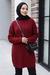 Bisiklet Yaka Desenli Triko Tunik  -Bordo