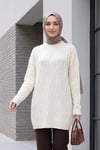 Bisiklet Yaka Desenli Triko Tunik  -Ekru