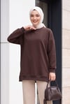Bisiklet Yaka Kabartma Yazılı Penye Sweat -Koyu Kahverengi