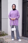 Bisiklet Yaka Kabartma Yazılı Penye Sweat -Açık Lila