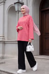 Bisiklet Yaka Kalın Çizgili Likralı Oversize Sweat -Pembe
