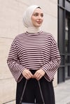 Bisiklet Yaka Kalın Çizgili Likralı Oversize Sweat -Pudra
