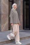 Bisiklet Yaka Kalın Çizgili Likralı Oversize Sweat  -Kahverengi