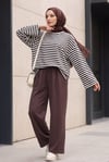 Bisiklet Yaka Kalın Çizgili Likralı Oversize Sweat -Koyu Kahverengi