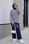 Bisiklet Yaka Kalın Çizgili Likralı Oversize Sweat -Lacivert