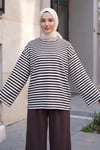 Bisiklet Yaka Kalın Çizgili Likralı Oversize Sweat -Koyu Kahverengi