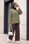 Bisiklet Yaka Kalın Çizgili Likralı Oversize Sweat -Yeşil