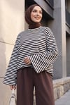 Bisiklet Yaka Kalın Çizgili Likralı Oversize Sweat -Koyu Kahverengi
