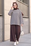 Bisiklet Yaka Kalın Çizgili Likralı Oversize Sweat -Koyu Kahverengi