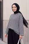 Bisiklet Yaka Kalın Çizgili Likralı Oversize Sweat -Siyah