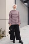 Bisiklet Yaka Kalın Çizgili Likralı Oversize Sweat -Pudra