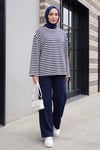 Bisiklet Yaka Kalın Çizgili Likralı Oversize Sweat -Lacivert