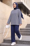 Bisiklet Yaka Kalın Çizgili Likralı Oversize Sweat -Koyu Lacivert