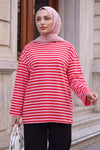 Bisiklet Yaka Kalın Çizgili Likralı Oversize Sweat -Pembe
