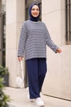 Bisiklet Yaka Kalın Çizgili Likralı Oversize Sweat -Koyu Lacivert