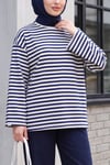 Bisiklet Yaka Kalın Çizgili Likralı Oversize Sweat -Lacivert