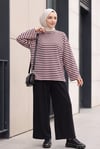 Bisiklet Yaka Kalın Çizgili Likralı Oversize Sweat -Pudra