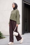 Bisiklet Yaka Kalın Çizgili Likralı Oversize Sweat -Yeşil